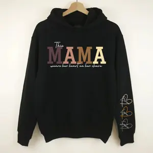 This Mama Wears Her Heart On Her Sleeve Hoodie, Personalized Mama Sweatshirt Names On Sleeve, Mother's Day Gift Mom Heart On Sleeve Hoodie, Mom Shirt