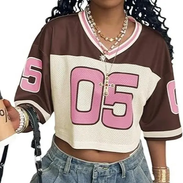 RoseSeek Women's Oversized Jersey Shirts Mesh Number Graphic Tees V Neck Streetwear Y2k Crop Tops