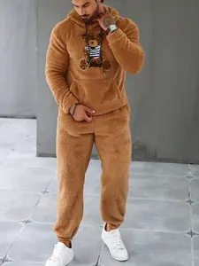 Men's Hooded Plush Set with Bear Pattern, Cute Casual Style for Home & Outdoors, Warm & Fun Design for Daily Wear