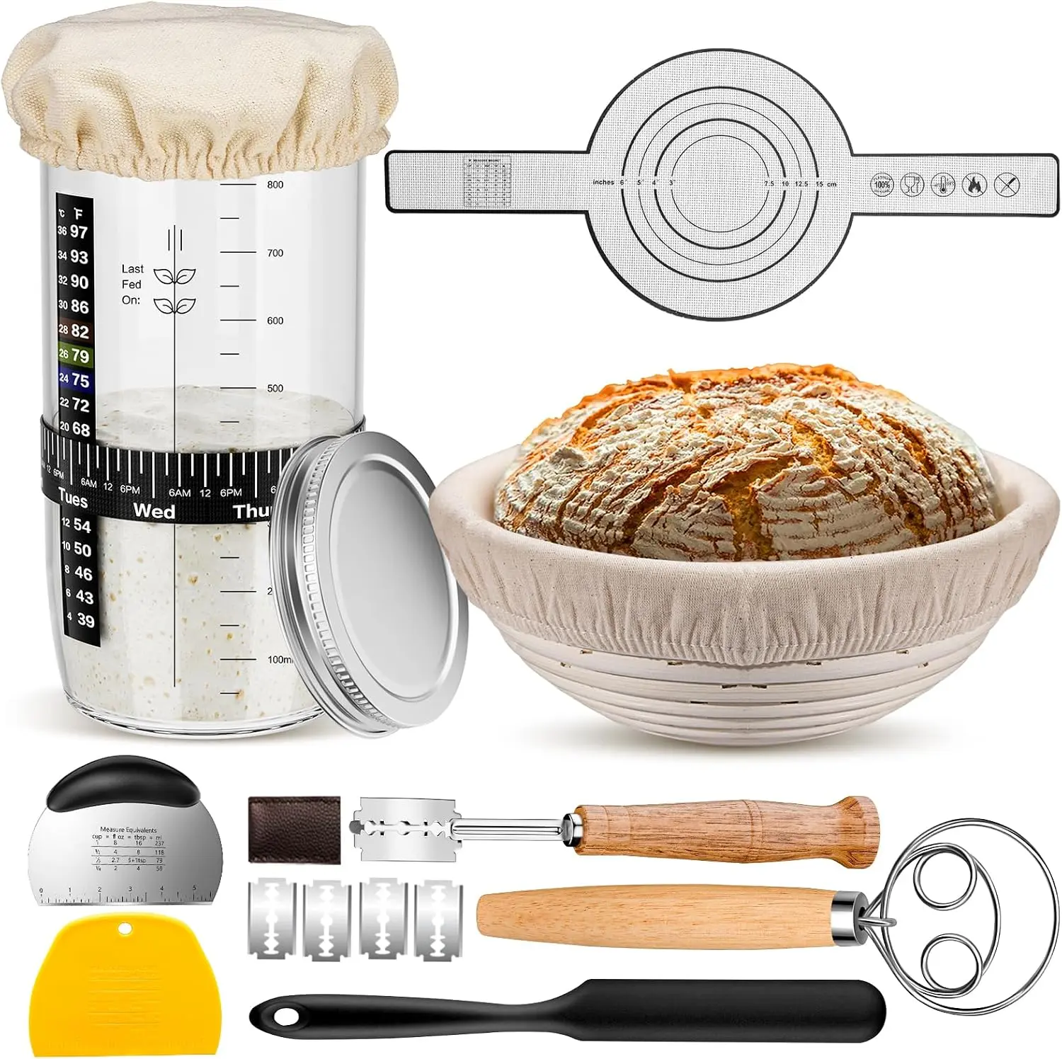 Functional Home Baking Sourdough Starter Kit, Bakeware Set with 9-in Round Proofing Basket, 36oz Sourdough Starter Jar, Bread Lame, Dough Scraper, Dough Whisk & Silicone Bread Sling, Utensils