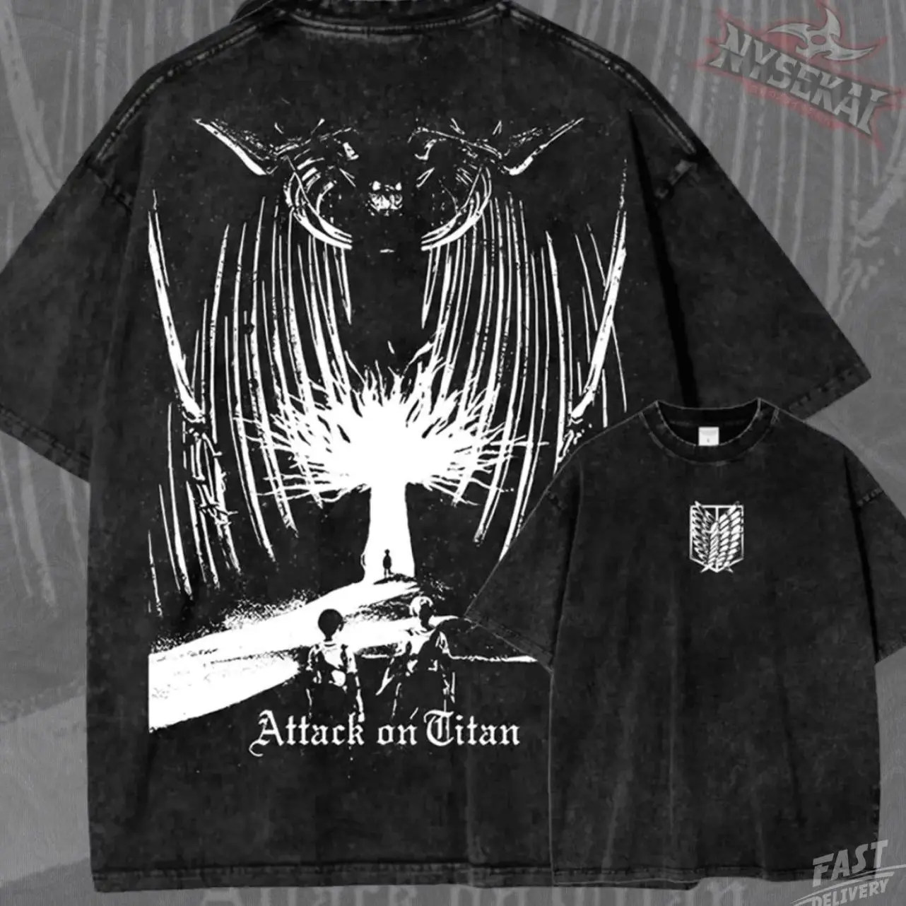 Titan Scout Anime Shirt, Wings Of Freedom Graphic Tee, Washed Black Manga T-Shirt, Dark Shonen Streetwear Fan Gift