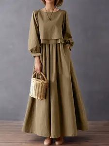 Women's Casual Boat Neck Nine-Quarter Sleeve Lantern Sleeve Two-Piece Dress with Pockets, Stylish, Comfortable, Lightweight, Breathable and Fit Fashion, Womenswear