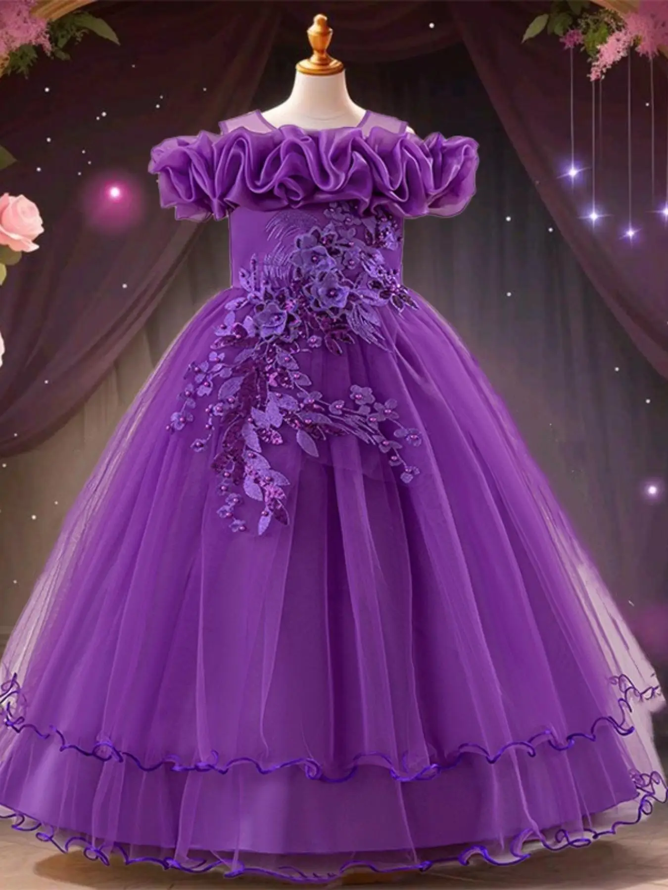 Off Shoulder Sequin Tulle Party Princess Dress, Elegant Flower Decor Sweater Dress for Evening Party, Kids Clothes for Summer