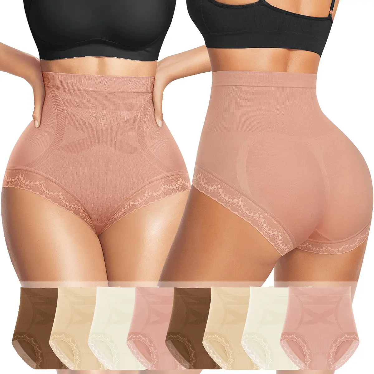 MORELECT Women's High Waisted Shaping Briefs - 3/6/8 Pcs Seamless No-Show Tummy Control Underwear with Lace Sides, Comfy Breathable, All Seasons Wear, Mother's Day Gift, Shapewear, Compression, Lady, Body Slimming