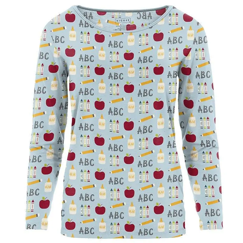 Women's Print Bamboo Long Sleeve Loosey Goosey Tee - Spring Sky I Love School - FDOS