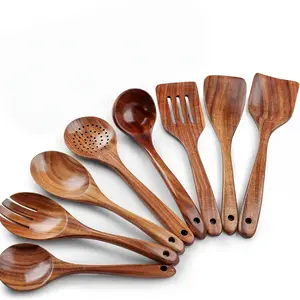 8 Piece Natural Teak Kitchen Utensil Set, Ergonomic Heat-Resistant Handles, Durable Wooden Spoons, Easy Clean, Perfect Gift for Holidays