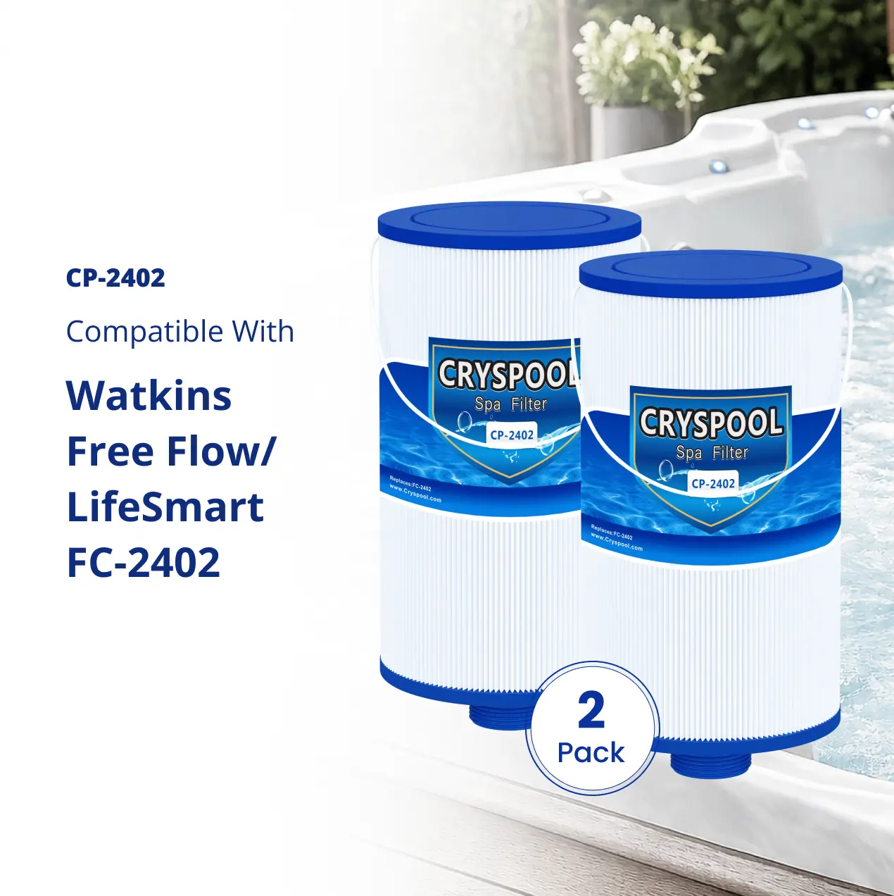 FC-2402 - Compatible with Watkins 303279 (Not 303263), Free Flow, Lifesmart, Filbur FC-2402, PFF42TC-P4, 1.5" Finer Thread, 40 Sq.ft, Easy Cleaning, Reusable, Cartridge Reuse, Deep Penetration, Water Filtration, Cryspool Hot Tub Filter Cartridge (2-Pack)
