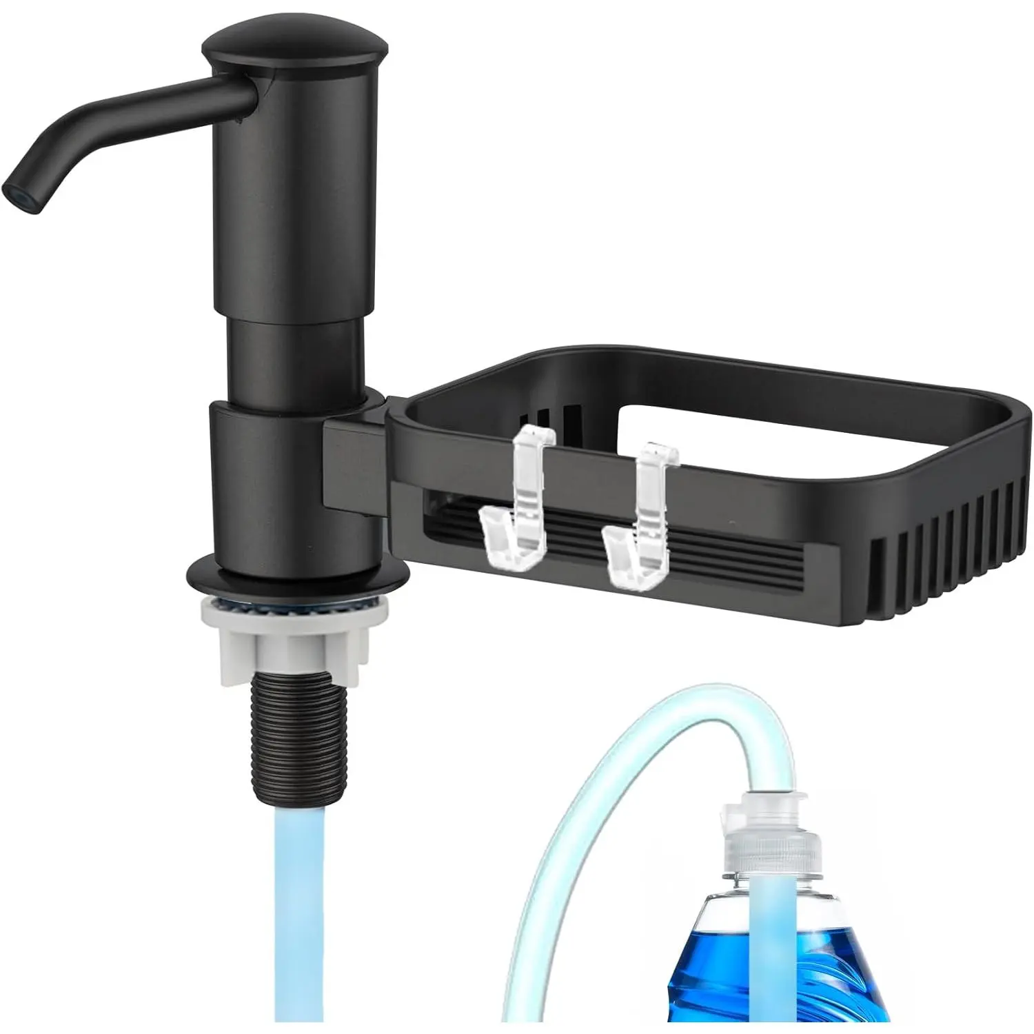Black ABS Plastic Built-In Sink Soap Dispenser with Installation Kit, Sponge Holder, Under-Counter Pump, 38" Length Extension Tube, Leakproof Seal & Strong Suction Power, Shiny