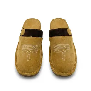 Cowboy All Season Boot Stitch Suede Leather Slippers with Square Toe Comfy House Shoes for Unisex Indoor Outdoor