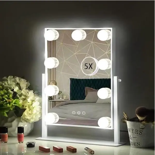 Hollywood Vanity Mirror with 9 Dimmable Bulbs Lights, Three Color Lighting Modes, and 5X Magnification, Smart Touch Control, 360°Rotation Decor Glass truemirror