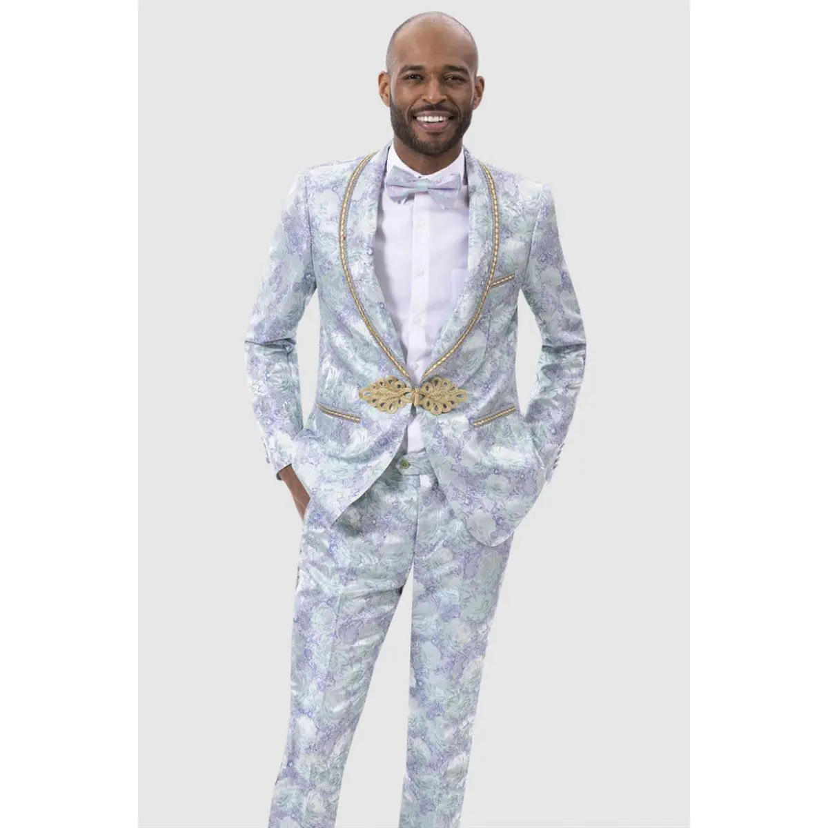 Mens Slim Fit Two Piece Blue Paisley Prom Smoking Jacket Tuxedo with Gold Trim