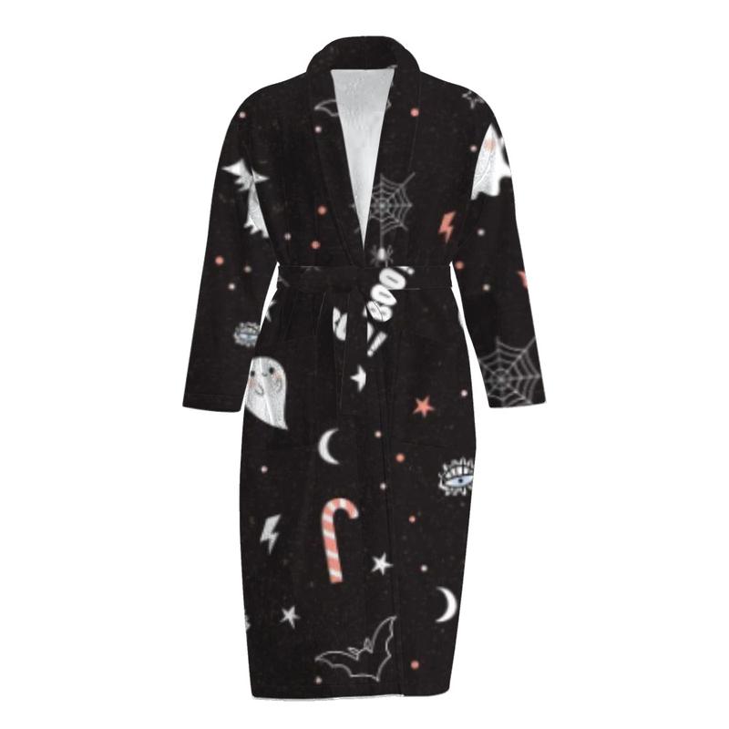 Flannel robe Halloween print autumn and winter plus velvet warm mid-length bathrobe home wear pajamas christmas pajamas