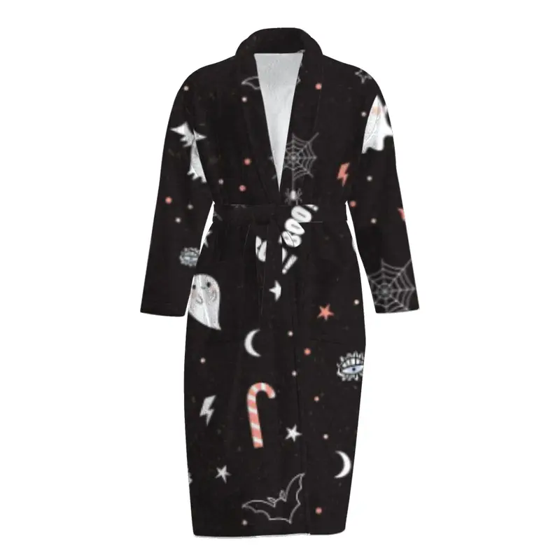 Flannel robe Halloween print autumn and winter plus velvet warm mid-length bathrobe home wear pajamas christmas pajamas