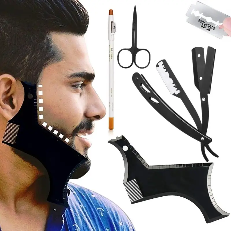 5pcs Beard Shaping Tool, Beard Shaper - Include Professional Straight Edge Razor, Beard Template, Double Edge Blades, Barber Pencil and Stainless Stee