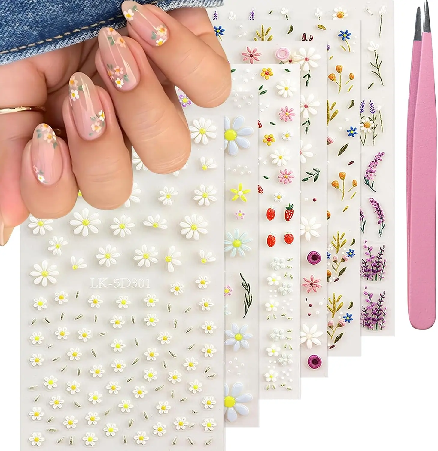 Flower Nail Art Stickers Decals 5D Embossed Flower Nail Decals Self Adhesive Spring Summer Daisy Lavender Nails Design Supplies 3D Nails Decoration for Women