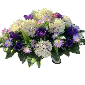 White and Purple Grave Saddle with Bird - Floral Arrangement Featuring Purple Roses and White Flowers