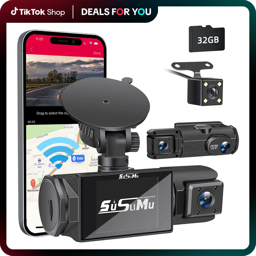 SUSUMU WIFI 1080P HD WiFi Dash Cam, Wide Angle Recorder with Front, Rear & Interior Lenses, Night-Vision, G-sensor, Loop Recording & APP Control Car C