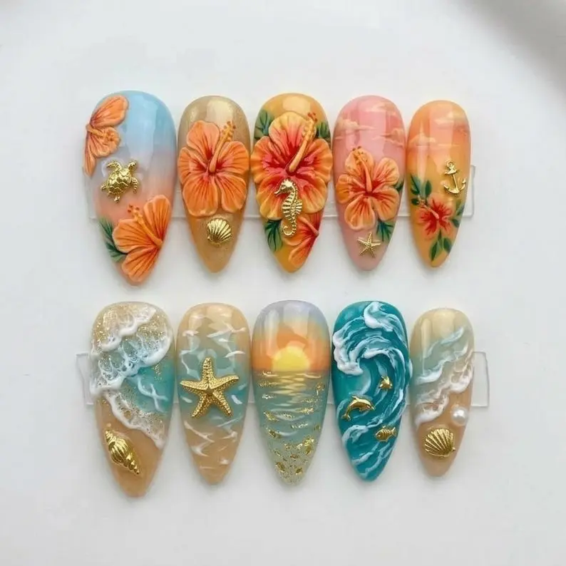 Tropical Sunset Press On Nails Orange Hibiscus Ocean Wave And Gold Sea Charm