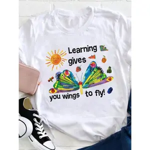 Learning Gives You Wings To Fly The Very Hungry Caterpillar Shirt, Progress Over Perfection Shirt, Teacher Friends, Very Hungry Caterpillar, women'S casual round neck T-shirt