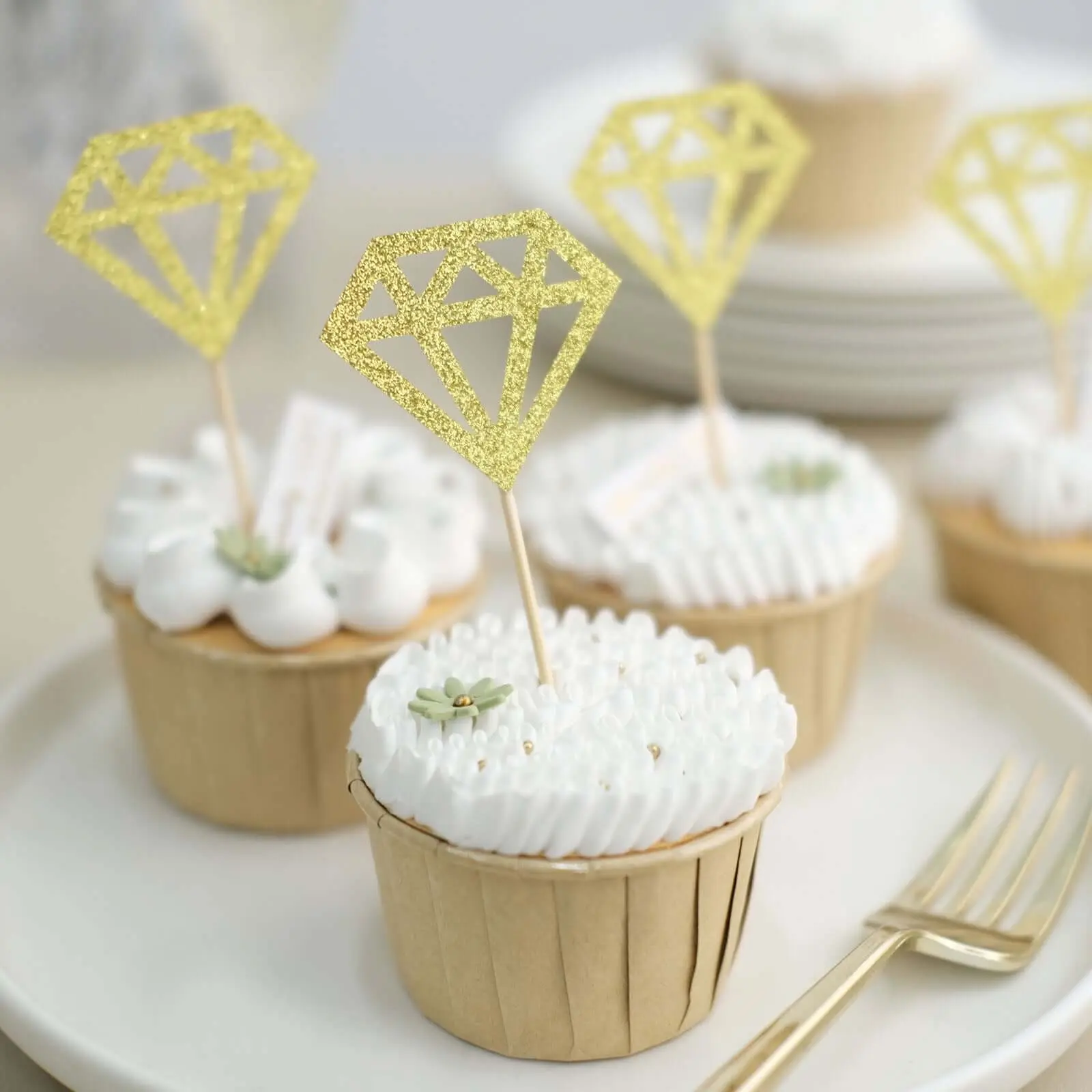 24-Pack Glitter Gold Diamond Ring Shaped Cake & Cupcake Toppers, Glamorous Themed Decorations for Wedding & Engagement, Party Cake Picks Supplies (Home & Festive Party Essentials)