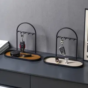 Modern Metal Key Rack & Organizer, Oval Entry Tray with Multiple Hooks, Keys Watch Jewelry Holder, Durable Multi-Functional Home Decor