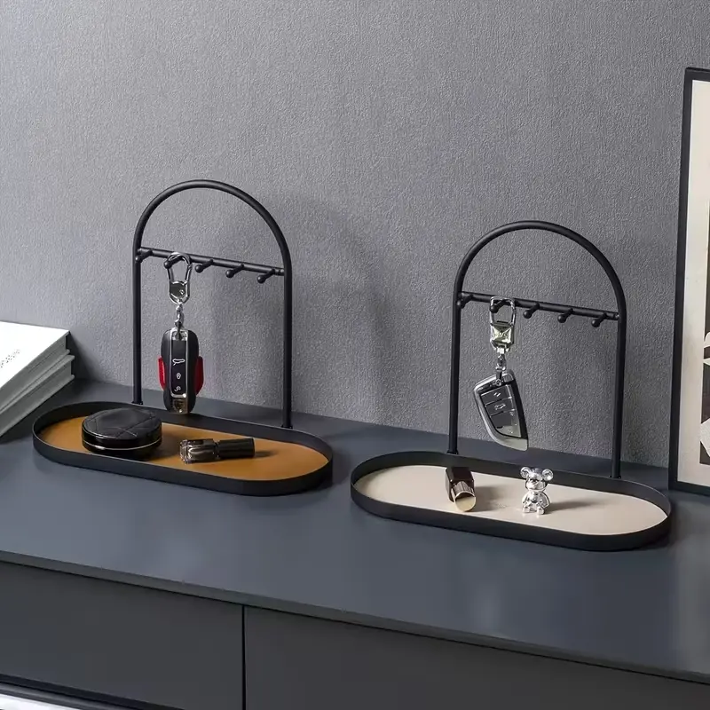 Modern Metal Key Rack & Organizer, Oval Entry Tray with Multiple Hooks, Keys Watch Jewelry Holder, Durable Multi-Functional Home Decor