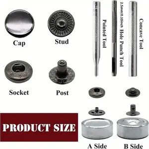 Leather Snap Fasteners Kit, 15mm Metal Snap Buttons Kit Press Studs with 4 Install Tools, Rivets and Snaps for Clothing, Jeans, Jackets, Bracelets, Bags, Car Repair Tool