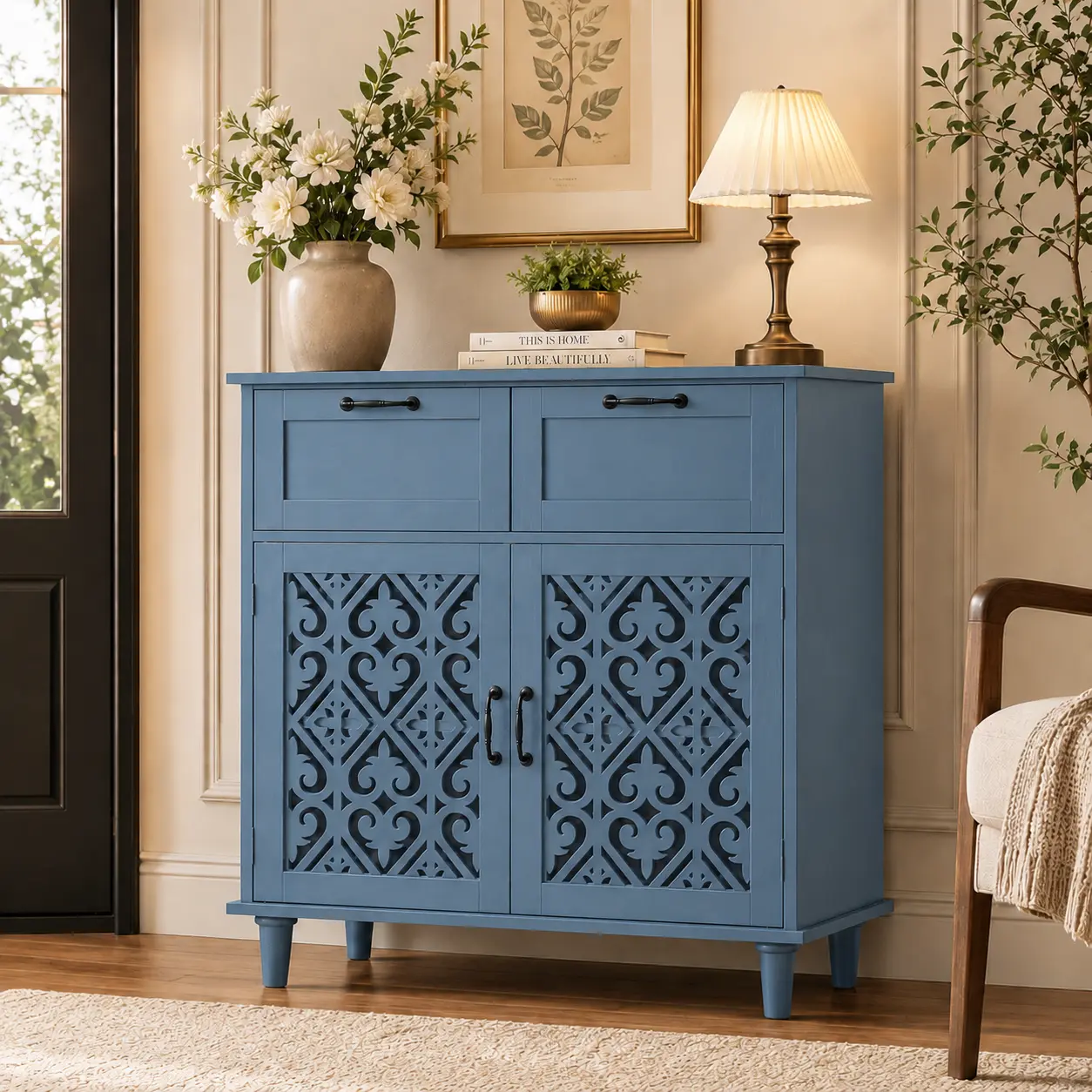 2 Drawers & 2 Doors Storage Cabinet, Vintage Carved  Accent Buffet Cabinet with Adjustable Shelves, Ornate Hollow Sideboard Credenza for Living Room Dining Room Entryway