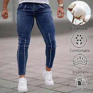 Dark Blue High-Cotton Slim-Fit Jeans | Side Stripe Streetwear Denim