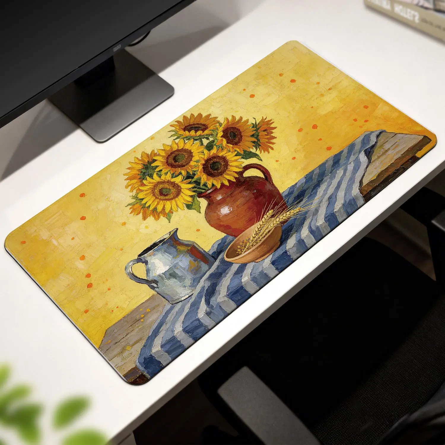 40x80cm 3D Banana & Rectangular Premium Sunflower Vase Still Life Painting Mouse Pad - Stitched Edges, Non-Slip Rubber Base, Precision Control, Durable, Gaming & Office Computer Desk Mat, 3D Banana Design