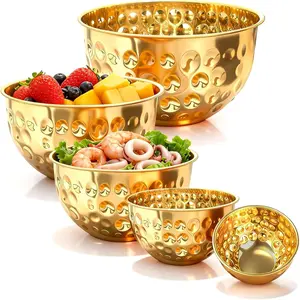 5-Piece Stainless Steel Mixing Bowls Set, Metal Hammered Gold Mixing Bowls for Kitchen, Cooking, Baking, Salad Prep, Food Storage, Reusable Nesting Design, 1.6-4.9 QT Capacity, Dishwasher Safe