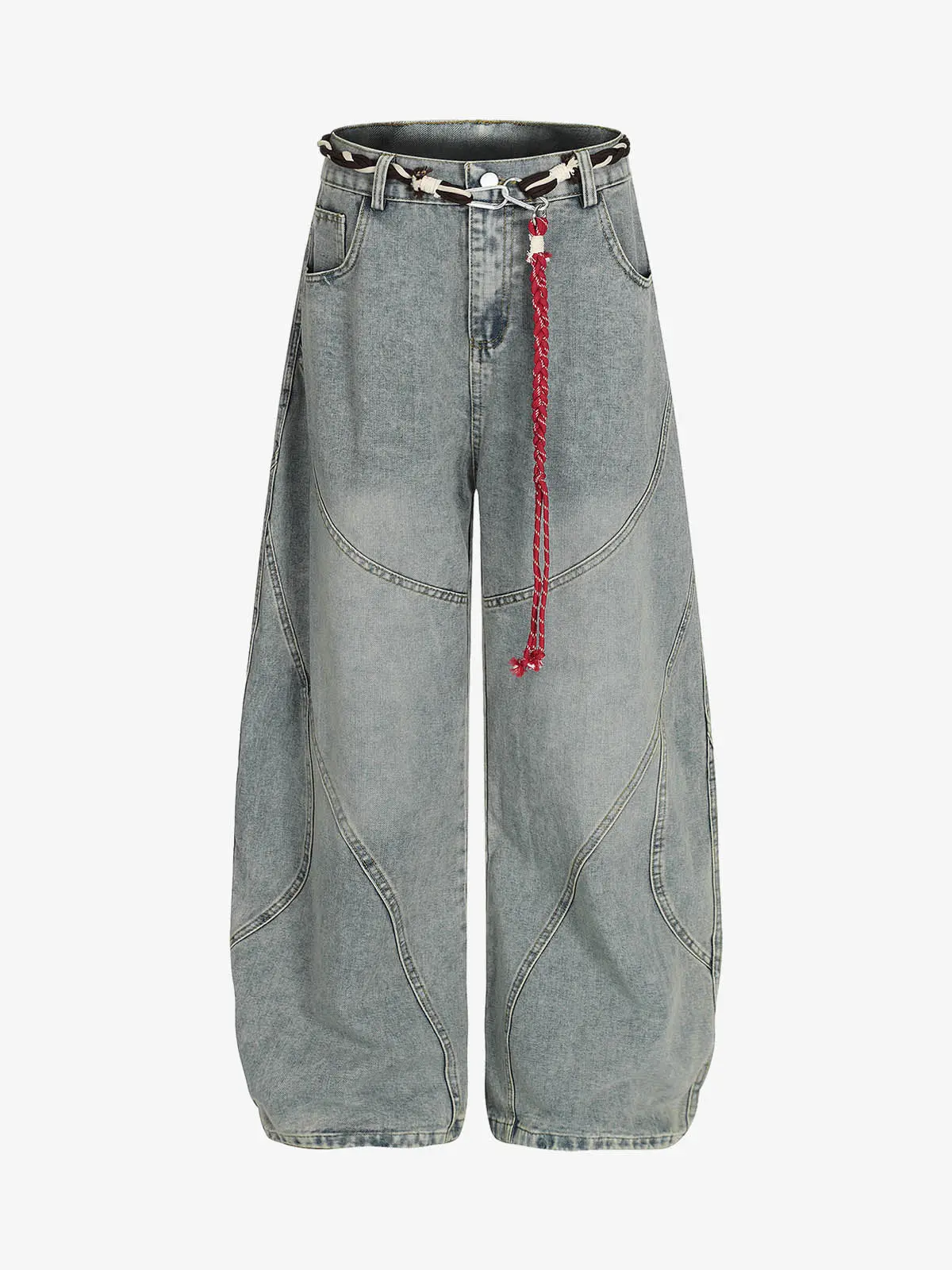 Supermade Patchwork Barrel Jeans With Braided Belt | Retro Red Accent Wide-Leg Denim Streetwear Men Supermade Patchwork Barrel Jeans With Braided Belt | Retro Red Accent Wide-Leg Denim Streetwear Men