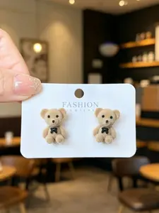 1 Pair Flocked Milk Tea Brown Bear Stud Earrings,Kawaii Bear Earrings, Ideal Gift for Girls & Students,Graduation season gifts