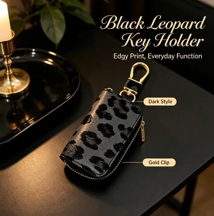 Moody Black Leopard Key Wallet, Clip-on For Daily Small Belongings