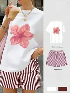 Women's Casual Short Sleeve T-Shirt and Shorts Matching Set, Womenswear, Y2K Tropical Floral Plant Print, Loose Fit, Comfortable Breathable Fabric, Spring Summer