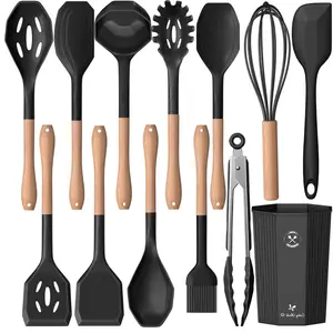 [New Deal] EVE 13 PCS Heat-Resistant Silicone Cooking Utensil Set with Wooden Handles for Nonstick Cookware with Tongs, Spoon, Spatula & Turner, Multicolor