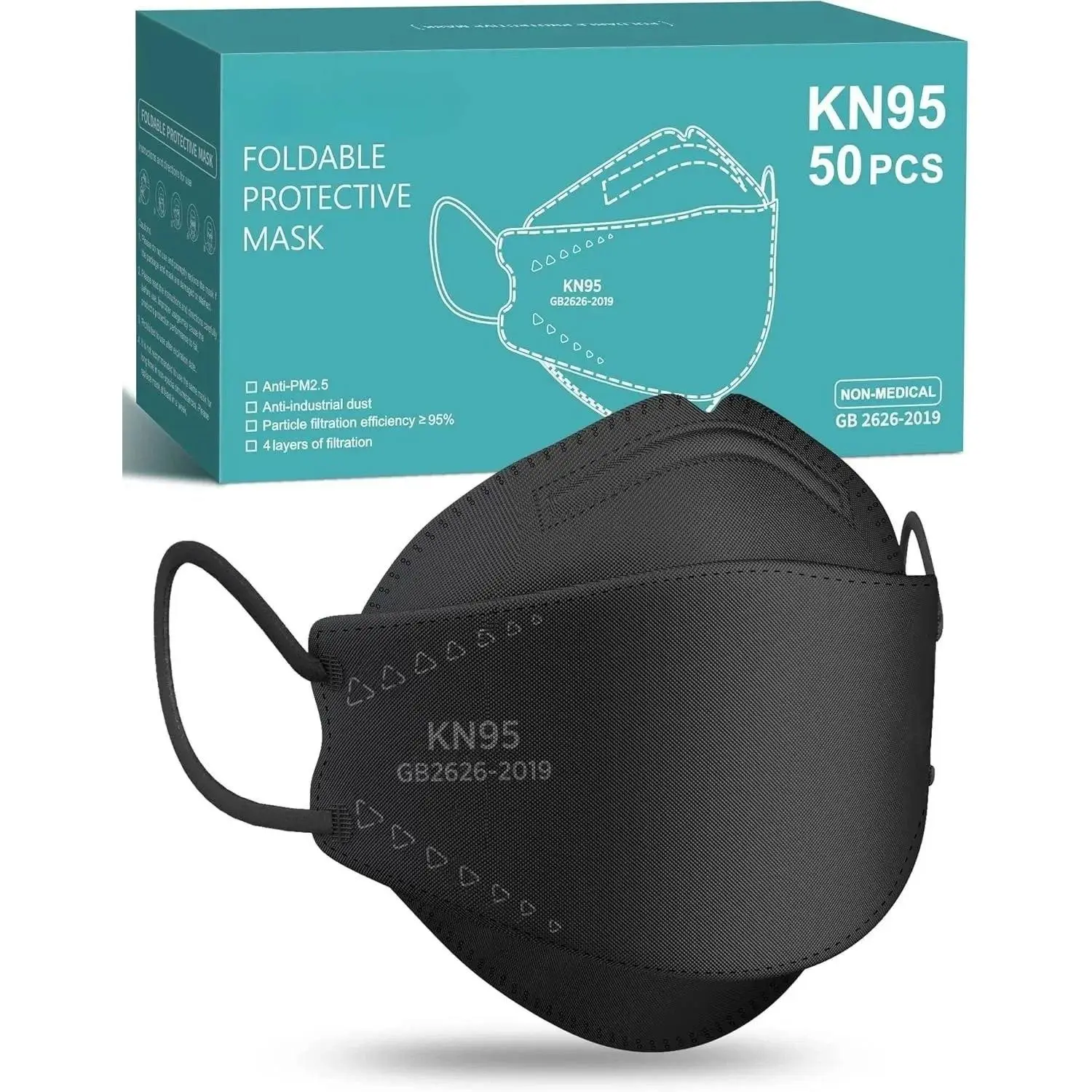 Adults' KN95 Face Masks, 50-Pack Black Breathable Comfortable Face Coverings with Elastic Ear Loops, 95%+ Filter Efficiency