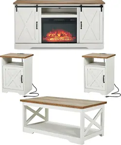 【Ships in 3 Boxes】AMERLIFE 5-Piece Farmhouse Table Set Includes Fireplace TV Stand, Coffee Table& Two End Tables w Charging Station&USB Ports