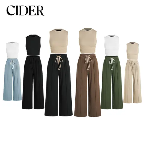Cider Women's Basic 2-Piece Clothing Set for Women - Ruched Sleeveless Tank That Smooths Curves, Ribbed Knit Wide Leg Pants with Elastic Waist Tie, Plus Size Casual Outfit