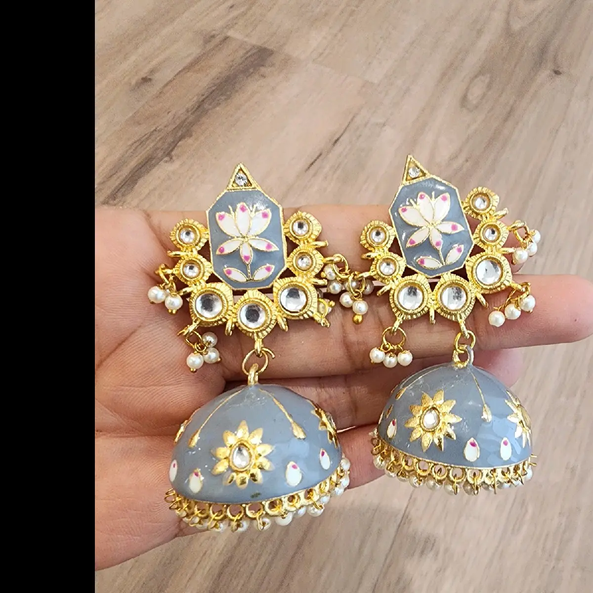 Grey Pink Lotus Indian Traditional Ghumka/Earrings