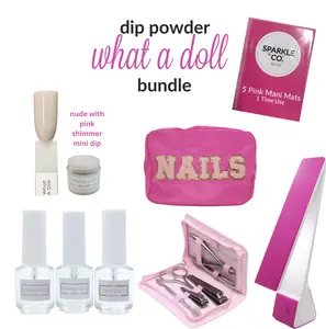 Sparkle & Co. Dip Powder What A Doll Bundle: 1 Mini Dip, 1 Pink Mani Kit, 1 Nails Bag, Base Bond (Nail Glue) 10ml, Solidify (Activator), Glossy 2.0 (Top Coat), Pink Mani Mats, Pink Desk Lamp,