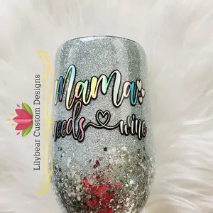 Mama Needs Wine Stainless Steel wine tumbler-Gifts for Her-17-ounce cup- silver perfection with holographic decal-handmade glitter tumbler #tumblers #iloveglitter Drinkware Lid Beverage Reusable Washable
