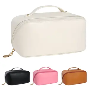 RENWENA Large Capacity Travel Makeup Bags for Women, Cute Portable WaterProof PU Leather Travel Cosmetic Bag W/Handle and Divider, Organizer Storage Travel Toiletry Bag