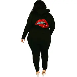 Women Rhinestone Lip Long Sleeve Zip Jacket Two Piece Pants Set
