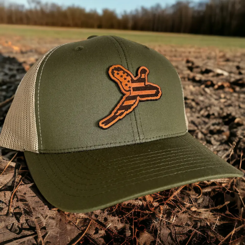 Pheasant American Flag Genuine Leather Patch Hat | American Flag Pheasant Hat | Hunting Hat | Leather Patch Hat | Mens Hunting Gift | Hat