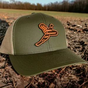 Pheasant American Flag Genuine Leather Patch Hat | American Flag Pheasant Hat | Hunting Hat | Leather Patch Hat | Mens Hunting Gift | Hat