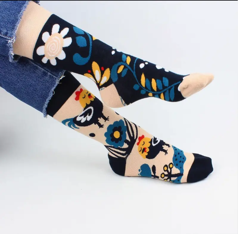 Flower, Rooster Mismatched Socks, Garden Themed Hosiery