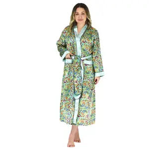 Up2date Fashion Women's Paisley Print Satin Robe with Adjustable Belt & Front Pockets Long 48 Inches Loungewear Gown in M to XL Sizes Machine Washable Elegant Nightwear Top Women'swear Medium Womenswear Piece