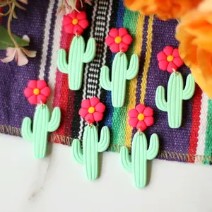 Mexican Cactus Earrings with Pink Flower. Metal is stainless steel