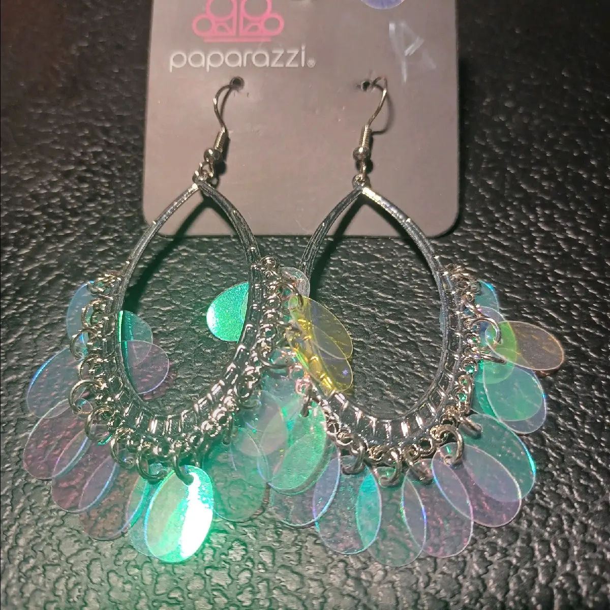 Silver Hook Drop Hoop Mermaid  Iridescent Sequin Earrings A25 Metal Coating
